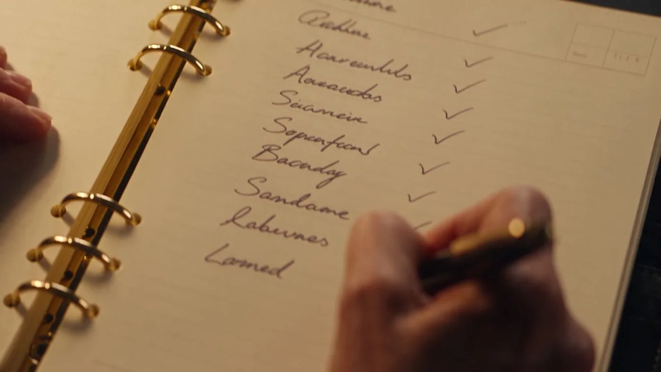 Hand hakt eine Liste im Protokollbuch ab
